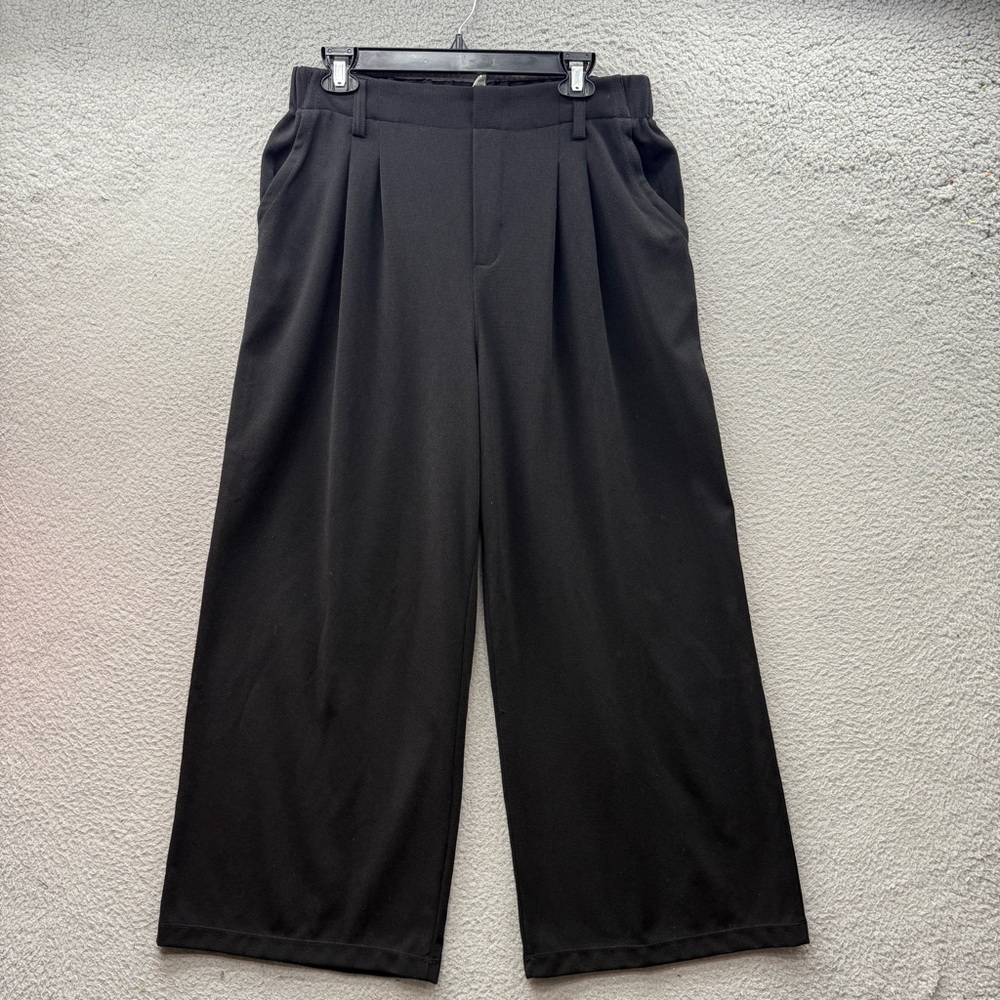 Halara High Waist Black Wide Leg Pants Pleated Pocket Waffle Knit Work Size L